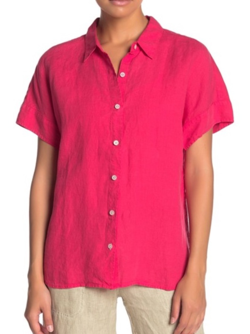 Relaxed Gauze Short-Sleeve Button Down Shirt in Hot Pink